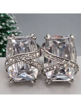 Large Crystal Sparkly Silver Tone Clip Earrings Wedding Bridesmaid